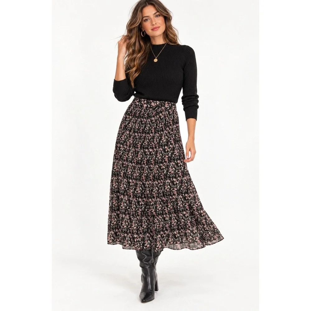Skies Are Blue Floral Smocked Midi Skirt Black Pink Pleated MP NEW